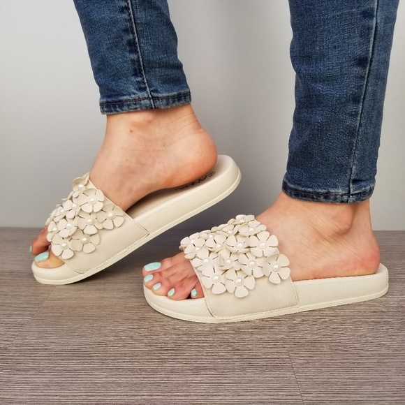 Beige Slider Sandal Flower and Pearl Accents-A - Picture 4 of 6